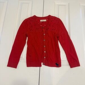 Cardigan Women XS Red Abercrombie & Fitch Lace Yoke Button Front Moose Logo